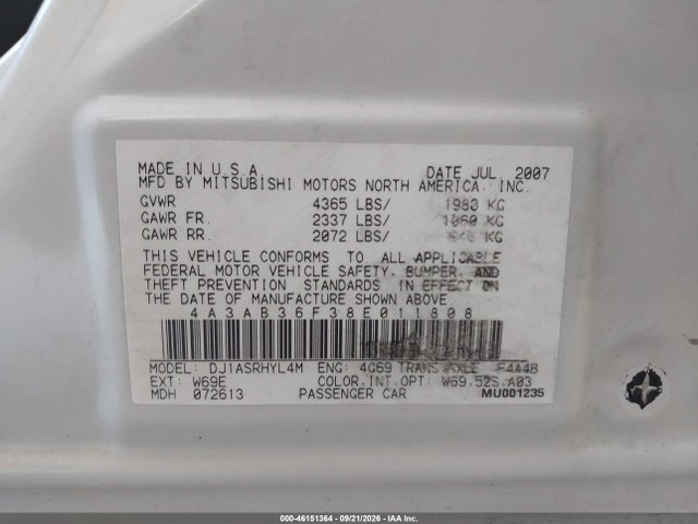 2008 Mitsubishi Galant Es მანქანა იყიდება აუქციონზე, vin: 4A3AB36F38E011808, აუქციონის ნომერი: 46151364