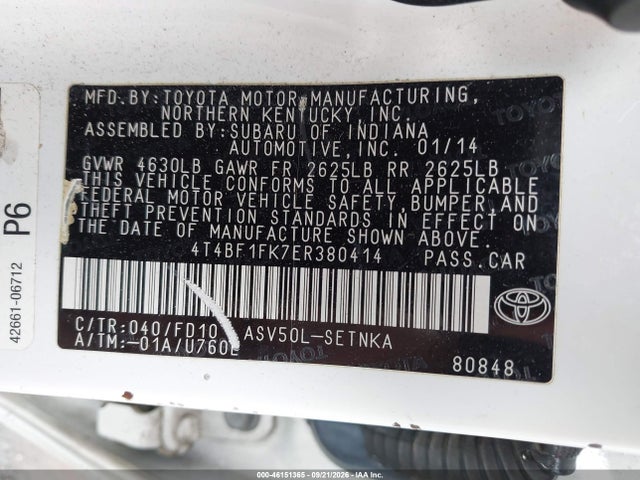 46151365 :رقم المزاد ، 4T4BF1FK7ER380414 vin ، 2014 Toyota Camry Le مزاد بيع