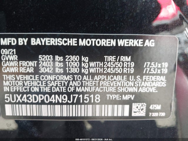 46151372 :رقم المزاد ، 5UX43DP04N9J71518 vin ، 2022 Bmw X3 Sdrive30i مزاد بيع