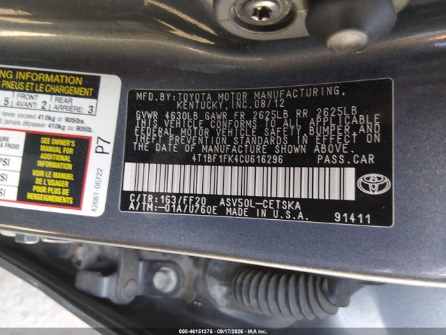 2012 Toyota Camry Se მანქანა იყიდება აუქციონზე, vin: 4T1BF1FK4CU616296, აუქციონის ნომერი: 46151376