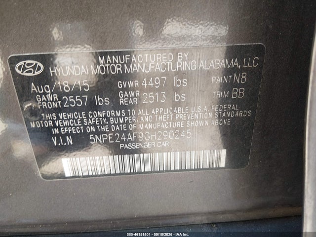 46151401 :رقم المزاد ، 5NPE24AF9GH290245 vin ، 2016 Hyundai Sonata Se مزاد بيع