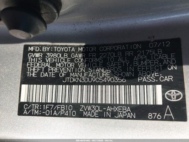 46151402 :رقم المزاد ، JTDKN3DU9C5490356 vin ، 2012 Toyota Prius Two مزاد بيع
