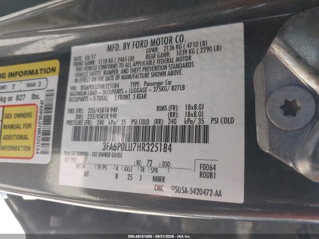 Ford Fusion Hybrid Se 2017 3FA6P0LU7HR325184 Image 9