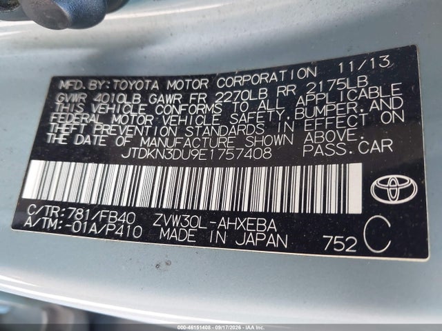 Aukcja sprzedaży 2014 Toyota Prius Three, vin: JTDKN3DU9E1757408, numer aukcji: 46151408