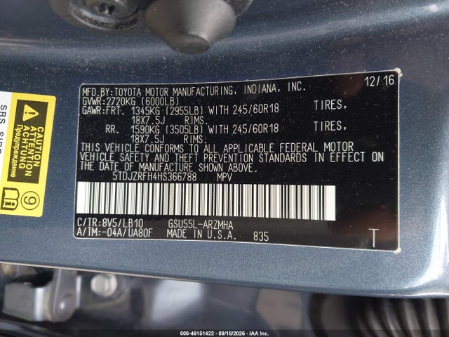 Aukcja sprzedaży 2017 Toyota Highlander Xle, vin: 5TDJZRFH4HS366788, numer aukcji: 46151422