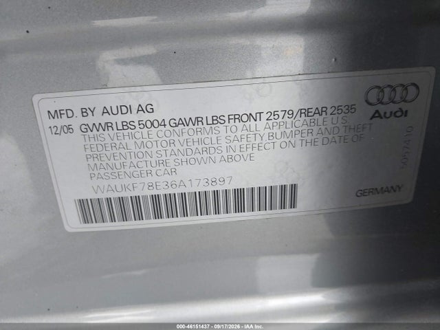 Aukcja sprzedaży 2006 Audi A4 2.0t Avant, vin: WAUKF78E36A173897, numer aukcji: 46151437