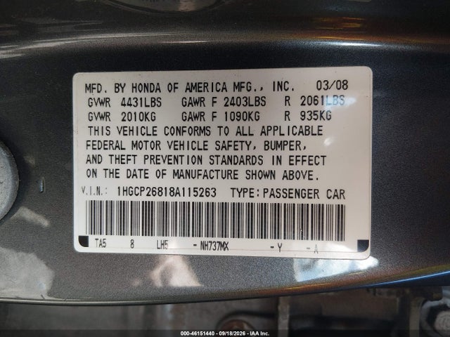 Продажа на аукционе авто 2008 Honda Accord 2.4 Ex-l, vin: 1HGCP26818A115263, номер лота: 46151440