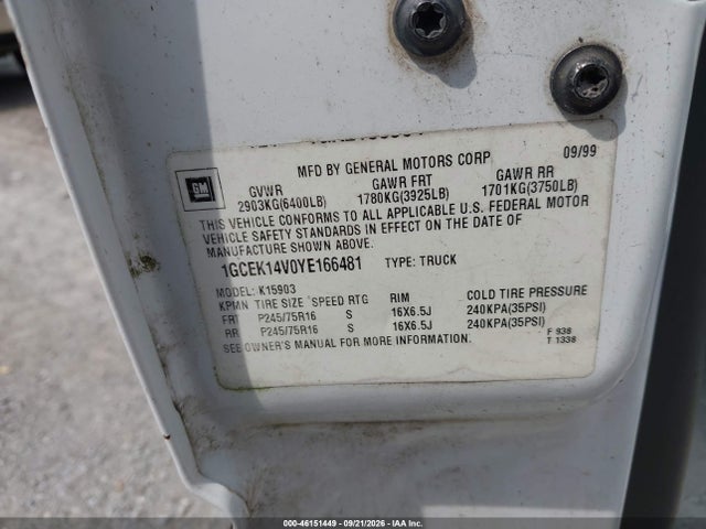 Aukcja sprzedaży 2000 Chevrolet Silverado 1500, vin: 1GCEK14V0YE166481, numer aukcji: 46151449