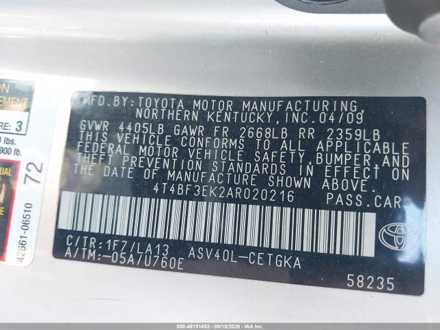 2010 Toyota Camry Xle მანქანა იყიდება აუქციონზე, vin: 4T4BF3EK2AR020216, აუქციონის ნომერი: 46151452