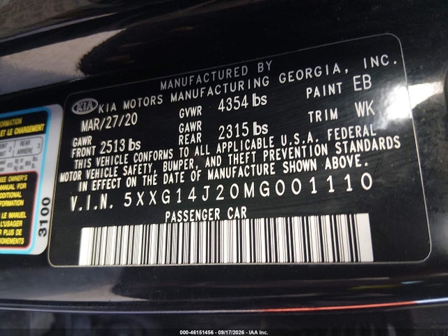 2021 Kia K5 Lxs მანქანა იყიდება აუქციონზე, vin: 5XXG14J20MG001110, აუქციონის ნომერი: 46151456