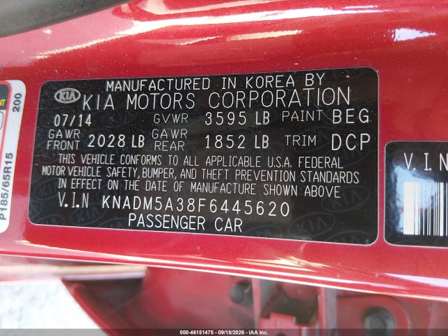 46151475 :رقم المزاد ، KNADM5A38F6445620 vin ، 2015 Kia Rio Lx مزاد بيع