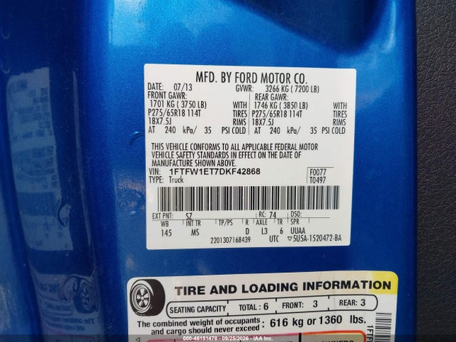 46151478 :رقم المزاد ، 1FTFW1ET7DKF42868 vin ، 2013 Ford F-150 Xlt مزاد بيع