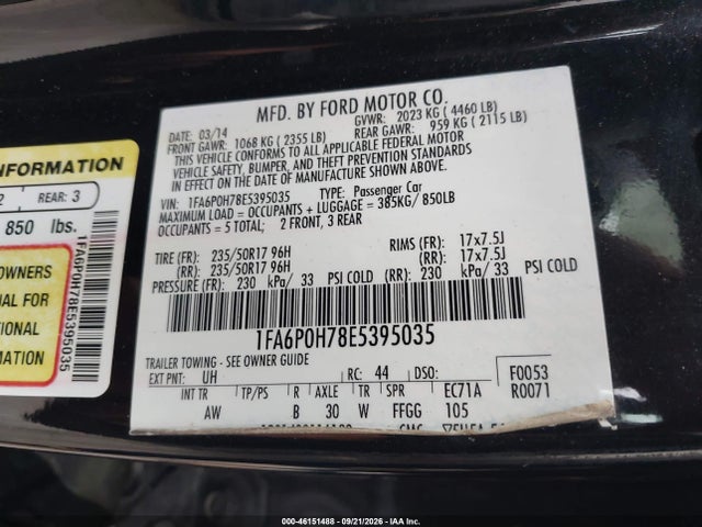 Продаж на аукціоні авто 2014 Ford Fusion Se, vin: 1FA6P0H78E5395035, номер лоту: 46151488