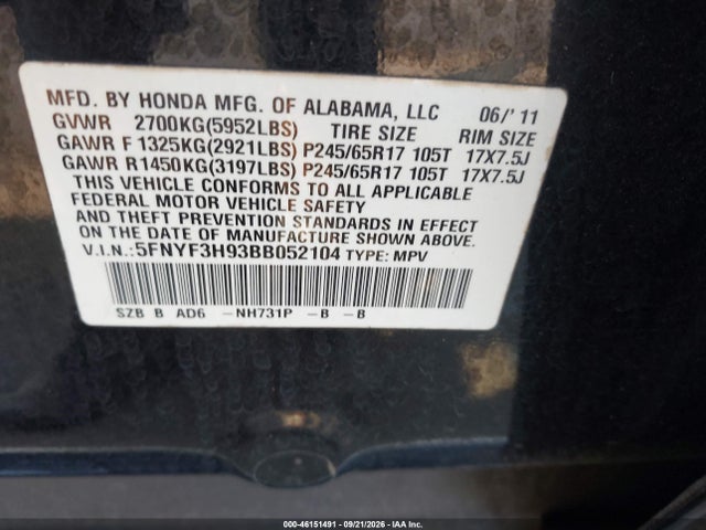 46151491 :رقم المزاد ، 5FNYF3H93BB052104 vin ، 2011 Honda Pilot Touring مزاد بيع