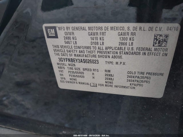 46151499 :رقم المزاد ، 3GYFNBEY3AS626023 vin ، 2010 Cadillac Srx Performance Collection مزاد بيع