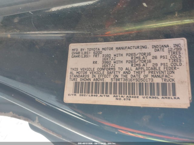 Auction sale of the 2000 Toyota Tundra Ltd V8, vin: 5TBRT3816YS050173, lot number: 46151506