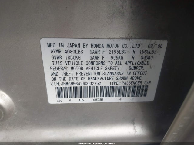 46151511 :رقم المزاد ، JHMCM56426C002752 vin ، 2006 Honda Accord Lx مزاد بيع