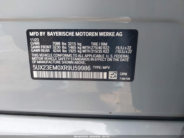 Auction sale of the 2024 Bmw X7 Xdrive40i, vin: 5UX23EM0XR9U59986, lot number: 46151519