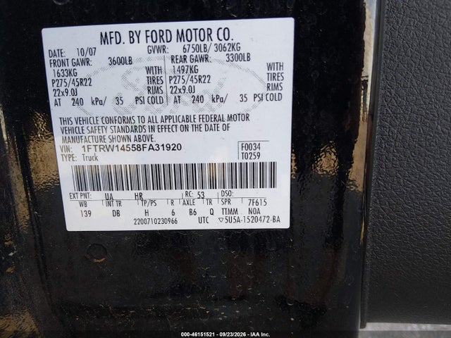 Продаж на аукціоні авто 2008 Ford F-150 Harley-davidson/limited, vin: 1FTRW14558FA31920, номер лоту: 46151521