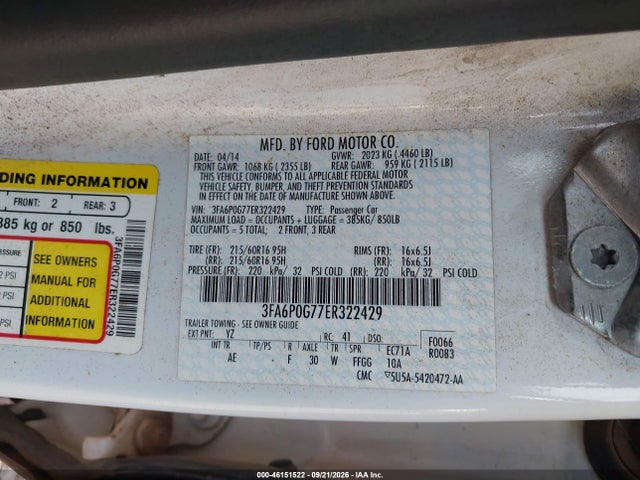 46151522 :رقم المزاد ، 3FA6P0G77ER322429 vin ، 2014 Ford Fusion S مزاد بيع