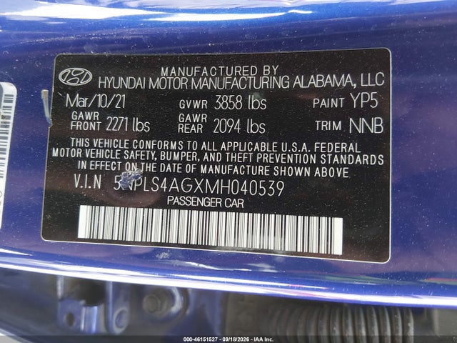 Продаж на аукціоні авто 2021 Hyundai Elantra Sel, vin: 5NPLS4AGXMH040539, номер лоту: 46151527