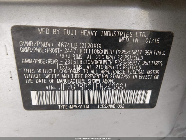Aukcja sprzedaży 2015 Subaru Xv Crosstrek Hybrid Touring, vin: JF2GPBPC1FH240661, numer aukcji: 46151549