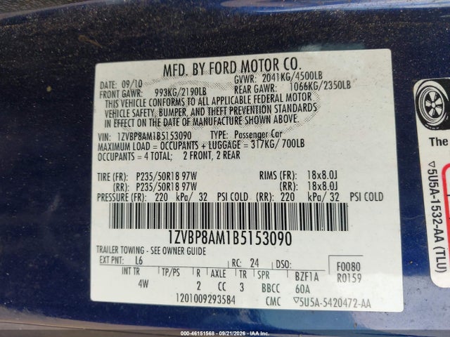 46151568 :رقم المزاد ، 1ZVBP8AM1B5153090 vin ، 2011 Ford Mustang V6 Premium مزاد بيع
