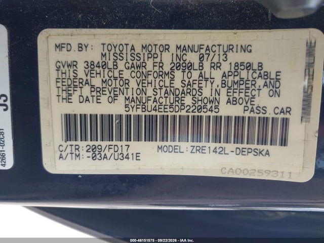 Продажа на аукционе авто 2013 Toyota Corolla S, vin: 5YFBU4EE5DP220545, номер лота: 46151575