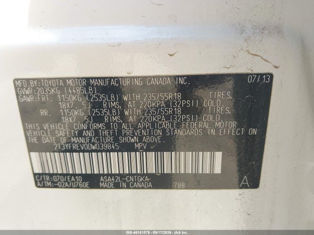 Aukcja sprzedaży 2013 Toyota Rav4 Limited, vin: 2T3YFREV0DW039845, numer aukcji: 46151579