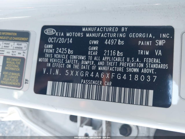 Продаж на аукціоні авто 2015 Kia Optima Sxl Turbo, vin: 5XXGR4A6XFG418037, номер лоту: 46151585
