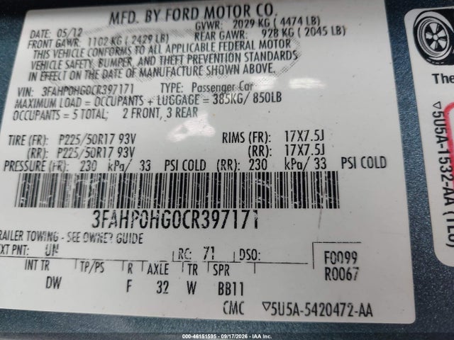 Auction sale of the 2012 Ford Fusion Se, vin: 3FAHP0HG0CR397171, lot number: 46151595