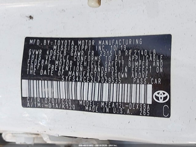 2020 Toyota Corolla Se მანქანა იყიდება აუქციონზე, vin: 5YFS4RCE2LP029535, აუქციონის ნომერი: 46151602