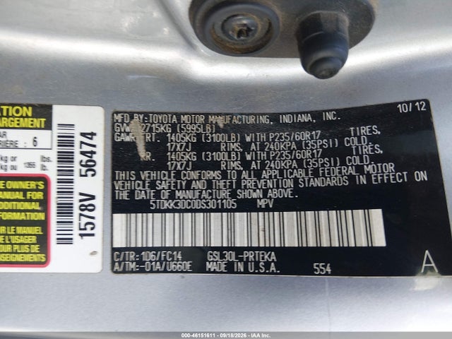 Продажа на аукционе авто 2013 Toyota Sienna Le V6 8 Passenger, vin: 5TDKK3DC0DS301105, номер лота: 46151611