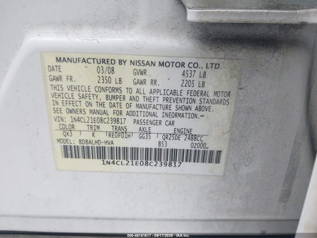 Aukcja sprzedaży 2008 Nissan Altima Hybrid, vin: 1N4CL21E08C239817, numer aukcji: 46151617
