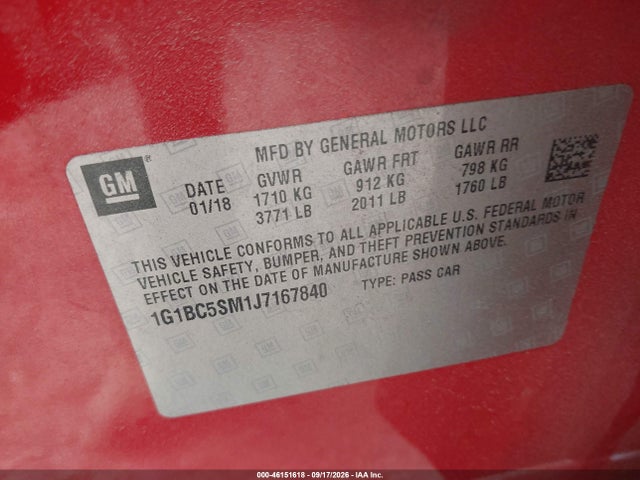 46151618 :رقم المزاد ، 1G1BC5SM1J7167840 vin ، 2018 Chevrolet Cruze Ls Auto مزاد بيع