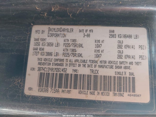 Продаж на аукціоні авто 2001 Dodge Ram 1500 St, vin: 3B7HC13Y01M261452, номер лоту: 46151620