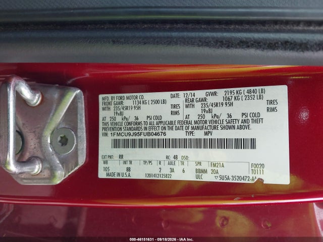 46151631 :رقم المزاد ، 1FMCU9J95FUB04676 vin ، 2015 Ford Escape Titanium مزاد بيع