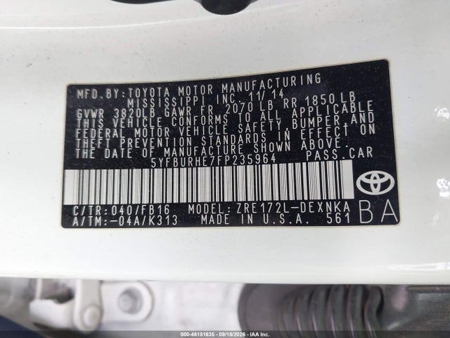 Продаж на аукціоні авто 2015 Toyota Corolla Le, vin: 5YFBURHE7FP235964, номер лоту: 46151635