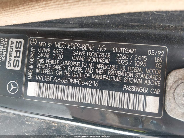 Продажа на аукционе авто 1992 Mercedes-benz 500 Sl, vin: WDBFA66E0NF064216, номер лота: 46151640