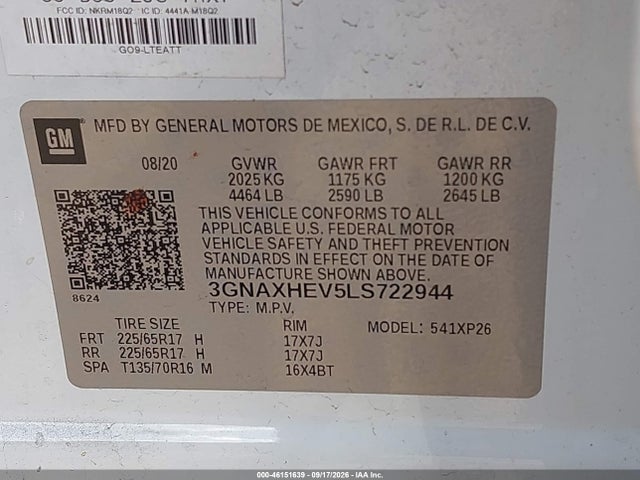 Aukcja sprzedaży 2020 Chevrolet Equinox Fwd Ls, vin: 3GNAXHEV5LS722944, numer aukcji: 46151639