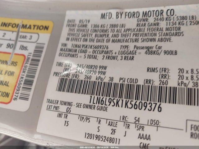 46151638 :رقم المزاد ، 1LN6L9SK1K5609376 vin ، 2019 Lincoln Continental Select مزاد بيع