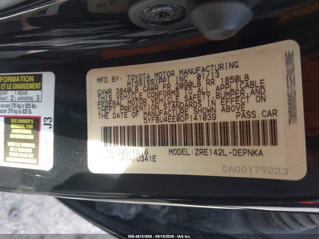 46151656 :رقم المزاد ، 5YFBU4EE0DP141039 vin ، 2013 Toyota Corolla Le مزاد بيع
