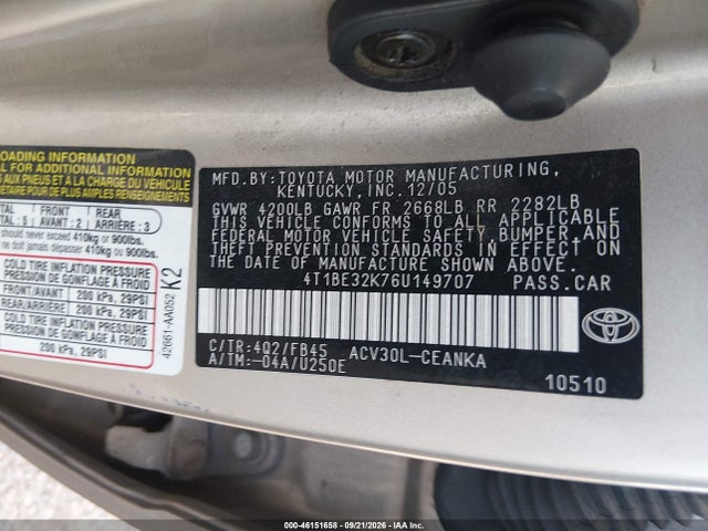 Продаж на аукціоні авто 2006 Toyota Camry Le, vin: 4T1BE32K76U149707, номер лоту: 46151658