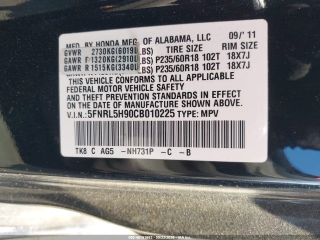Продаж на аукціоні авто 2012 Honda Odyssey Touring/touring Elite, vin: 5FNRL5H90CB010225, номер лоту: 46151662