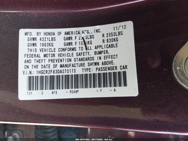 Aukcja sprzedaży 2013 Honda Accord Ex-l, vin: 1HGCR2F83DA070170, numer aukcji: 46151663