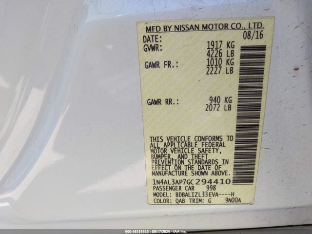 Продаж на аукціоні авто 2016 Nissan Altima 2.5 Sv, vin: 1N4AL3AP7GC294410, номер лоту: 46151665