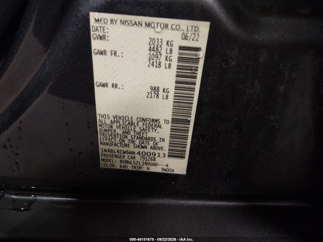 46151678 :رقم المزاد ، 1N4BL4CW6NN400913 vin ، 2022 Nissan Altima Sr Intelligent Awd مزاد بيع