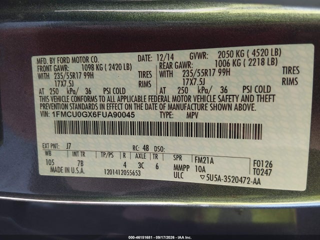 Продаж на аукціоні авто 2015 Ford Escape Se, vin: 1FMCU0GX6FUA90045, номер лоту: 46151681