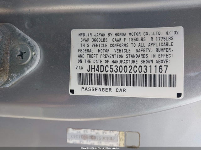 Aukcja sprzedaży 2002 Acura Rsx Type S, vin: JH4DC53002C031167, numer aukcji: 46151683