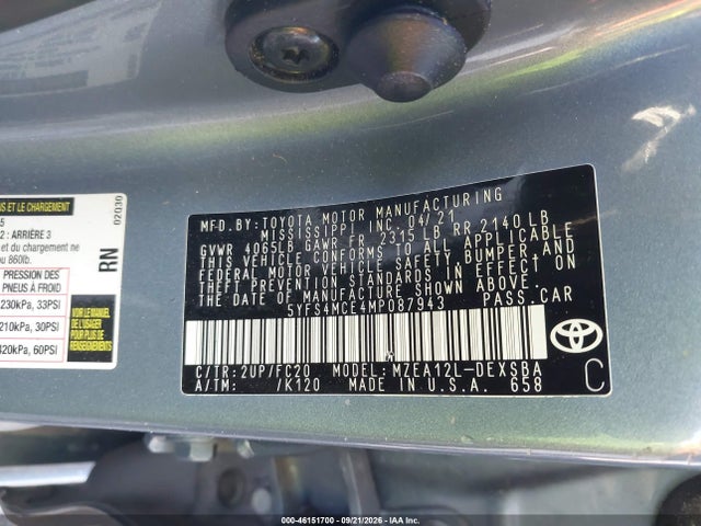 46151700 :رقم المزاد ، 5YFS4MCE4MP087943 vin ، 2021 Toyota Corolla Se مزاد بيع